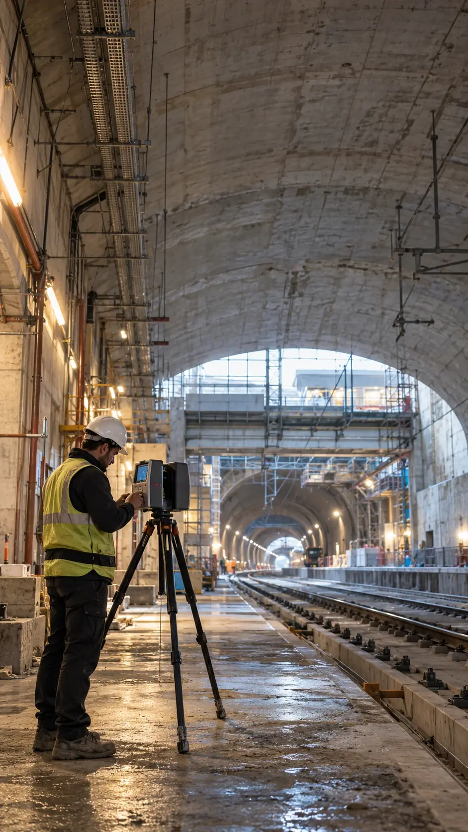 Topógrafo con escáner láser sobre trípode midiendo un túnel ferroviario en obra