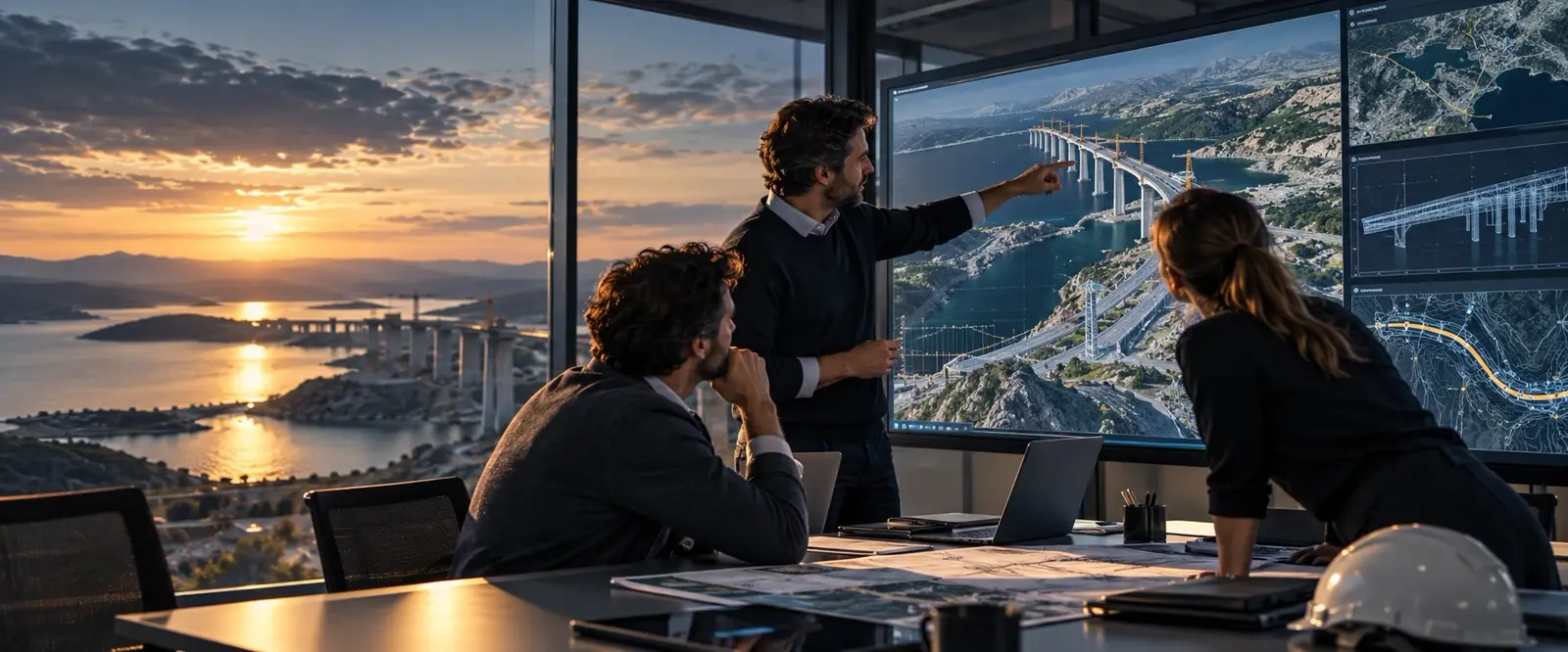 Equipo de ingeniería revisando un modelo 3D de un viaducto en una sala con vistas a la obra