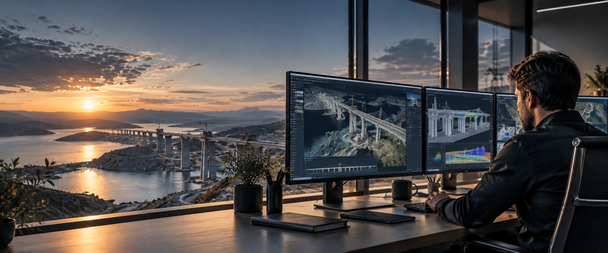 Técnico trabajando con una nube de puntos y un modelo BIM de un puente en varios monitores